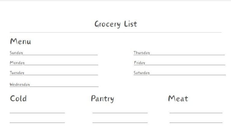 Time Saving Grocery List with Weekly Menu